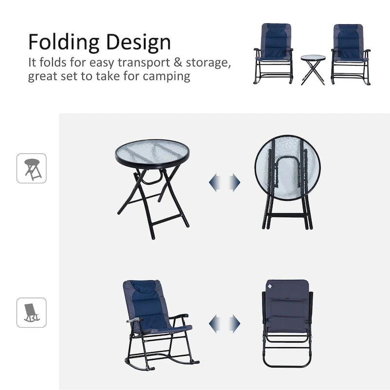 3 Piece Outdoor Patio Furniture Set w/ 2 Folding Padded Rocking Chairs