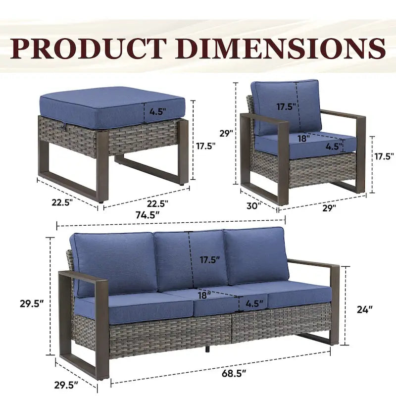 Gymojoy Patio High Back Sofa with Club Chair and Ottomans - Grey