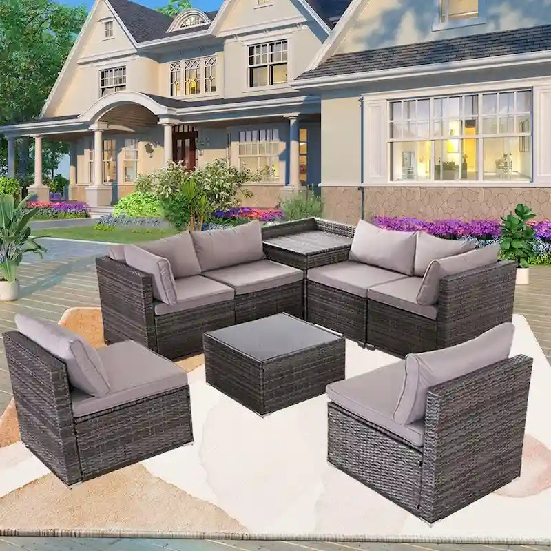 8-Piece Grey Outdoor Rattan Furniture Sets with 6 Sofas, 1 Coffee Table, Storage Box & Cushions