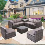 8-Piece Grey Outdoor Rattan Furniture Sets with 6 Sofas, 1 Coffee Table, Storage Box & Cushions