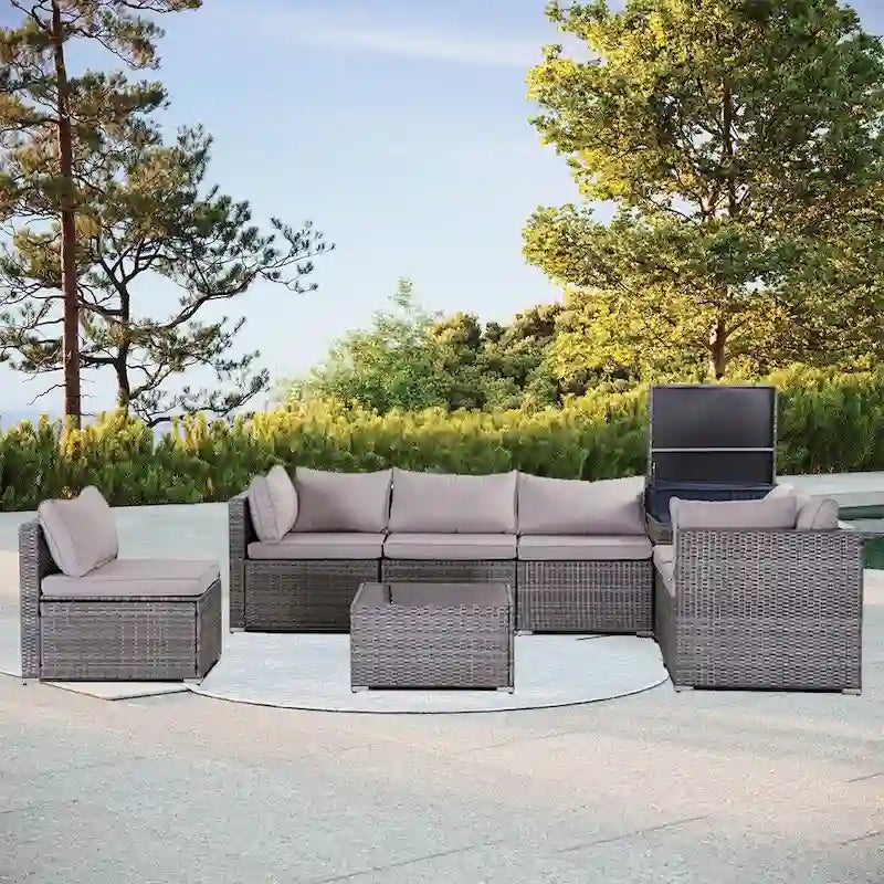 8-Piece Grey Outdoor Rattan Furniture Sets with 6 Sofas, 1 Coffee Table, Storage Box & Cushions