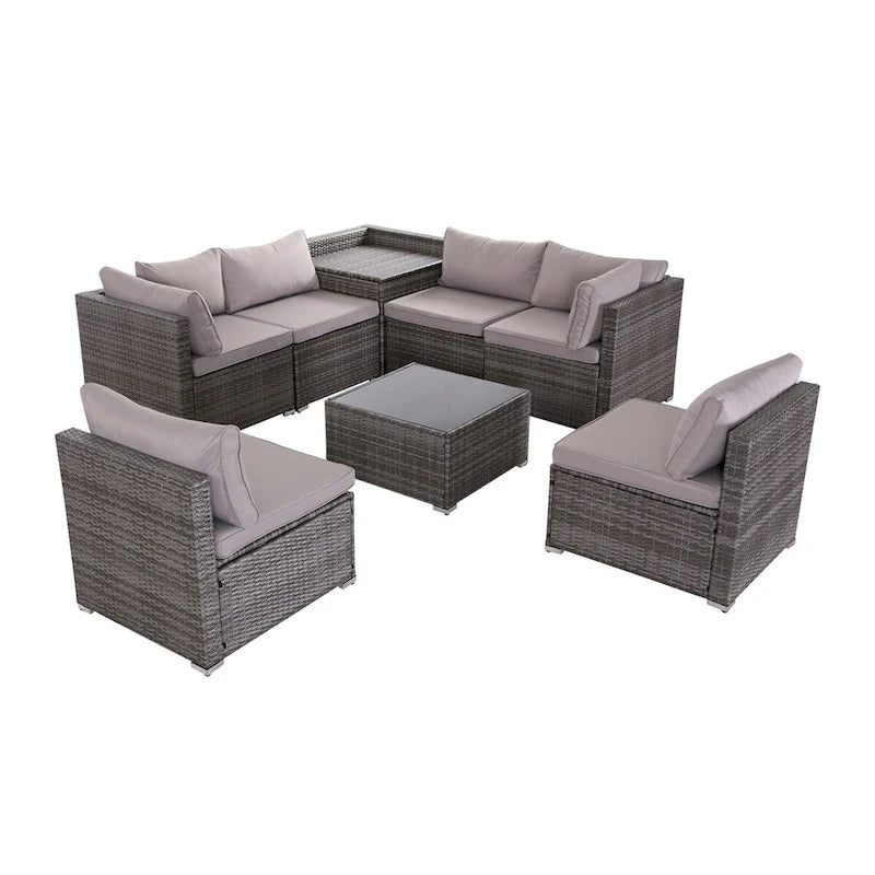 8-Piece Grey Outdoor Rattan Furniture Sets with 6 Sofas, 1 Coffee Table, Storage Box & Cushions