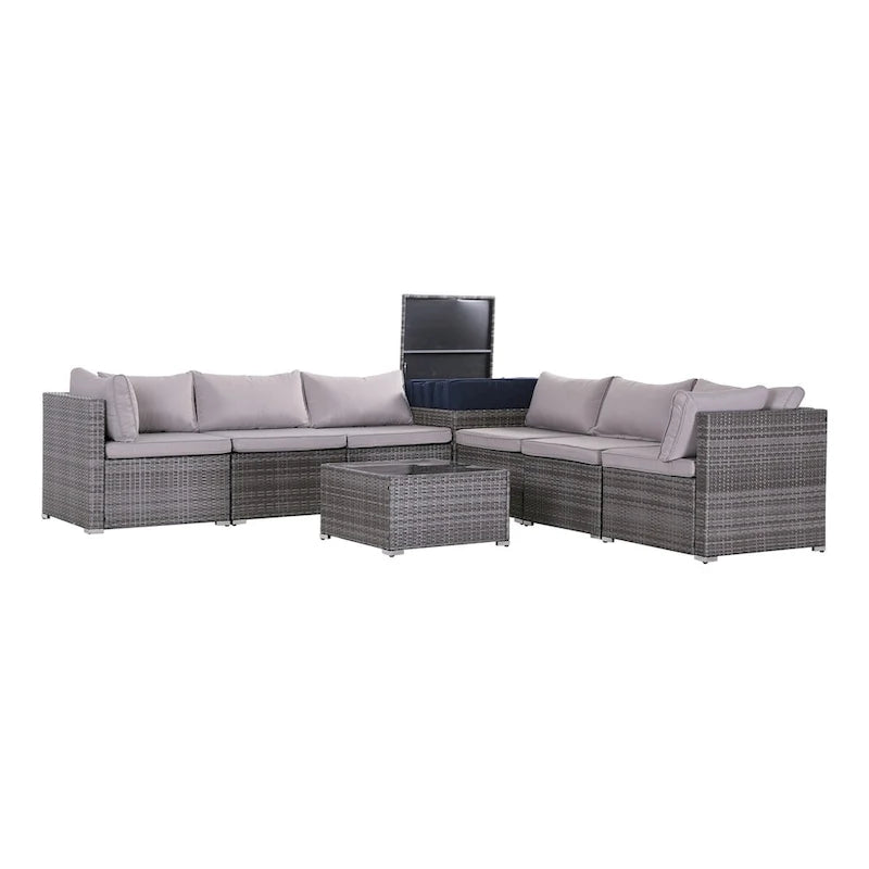 8-Piece Grey Outdoor Rattan Furniture Sets with 6 Sofas, 1 Coffee Table, Storage Box & Cushions
