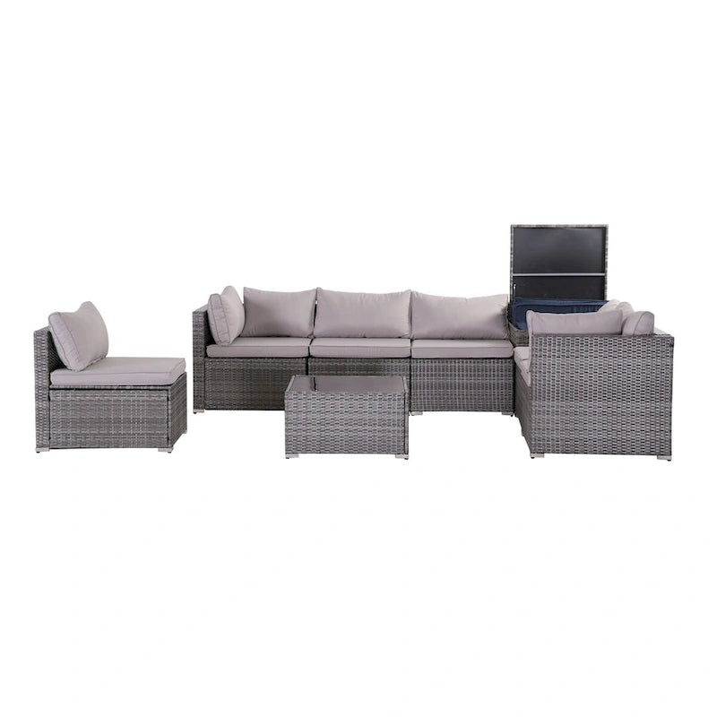 8-Piece Grey Outdoor Rattan Furniture Sets with 6 Sofas, 1 Coffee Table, Storage Box & Cushions