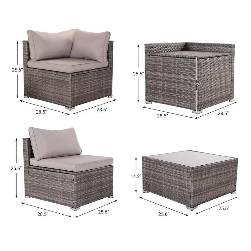 8-Piece Grey Outdoor Rattan Furniture Sets with 6 Sofas, 1 Coffee Table, Storage Box & Cushions