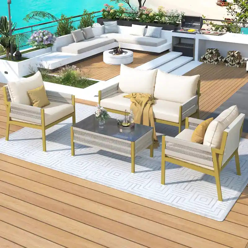 4-Piece Metal Rope Patio Conversation Set with Tempered Glass Table and Cushions