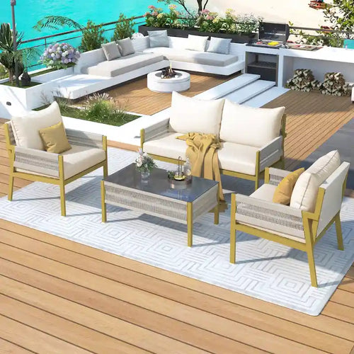 4-Piece Metal Rope Patio Conversation Set with Tempered Glass Table and Cushions