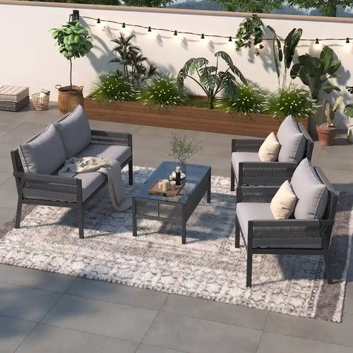 4-Piece Metal Rope Patio Conversation Set with Tempered Glass Table and Cushions