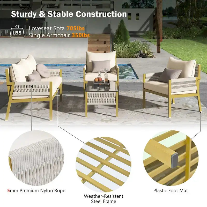 4-Piece Metal Rope Patio Conversation Set with Tempered Glass Table and Cushions