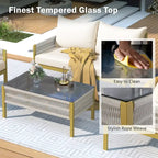 4-Piece Metal Rope Patio Conversation Set with Tempered Glass Table and Cushions