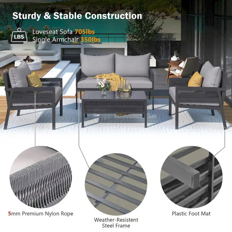 4-Piece Metal Rope Patio Conversation Set with Tempered Glass Table and Cushions