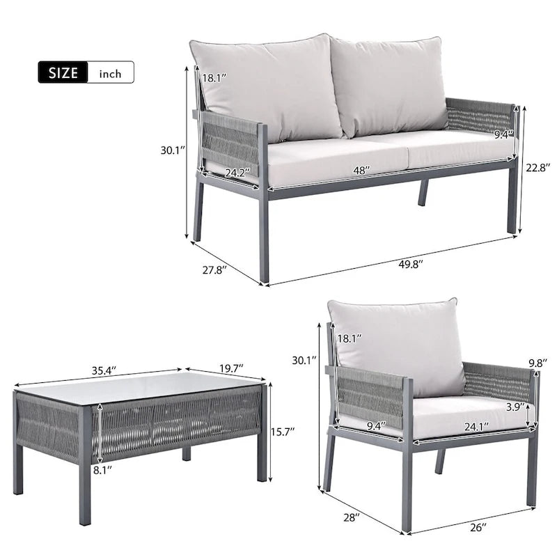 4-Piece Metal Rope Patio Conversation Set with Tempered Glass Table and Cushions