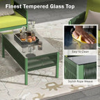 4-Piece Metal Rope Patio Conversation Set with Tempered Glass Table and Cushions
