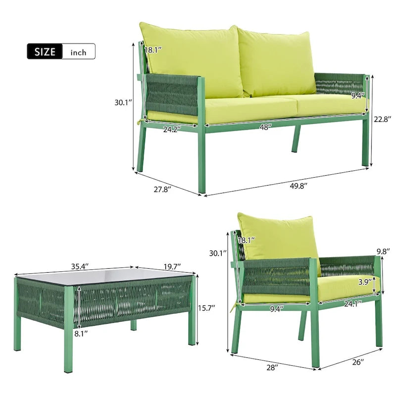 4-Piece Metal Rope Patio Conversation Set with Tempered Glass Table and Cushions