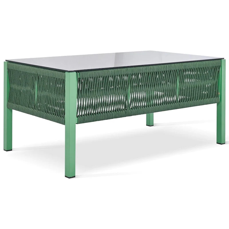 4-Piece Metal Rope Patio Conversation Set with Tempered Glass Table and Cushions