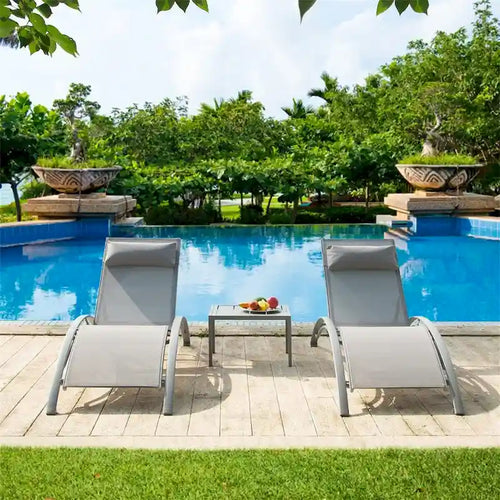 5 Adjustable Aluminum Textile Outdoor Patio Recliner Chairs in Gray, 2 Lounge Chairs and 1 Table - N/A