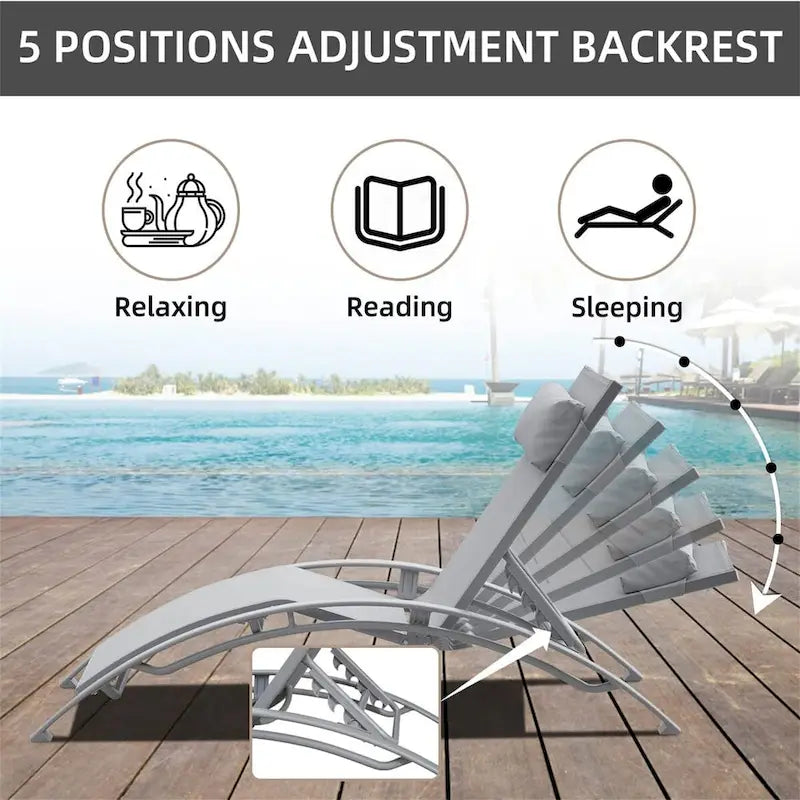 5 Adjustable Aluminum Textile Outdoor Patio Recliner Chairs in Gray, 2 Lounge Chairs and 1 Table - N/A