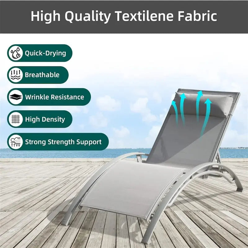 5 Adjustable Aluminum Textile Outdoor Patio Recliner Chairs in Gray, 2 Lounge Chairs and 1 Table - N/A