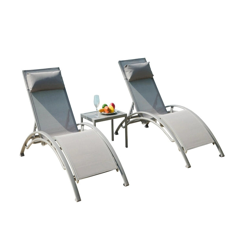 5 Adjustable Aluminum Textile Outdoor Patio Recliner Chairs in Gray, 2 Lounge Chairs and 1 Table - N/A