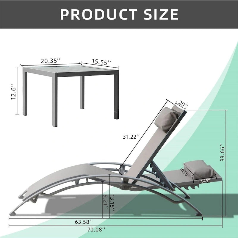 5 Adjustable Aluminum Textile Outdoor Patio Recliner Chairs in Gray, 2 Lounge Chairs and 1 Table - N/A