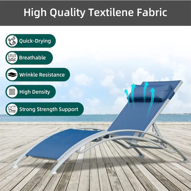 5 Adjustable Aluminum Textile Outdoor Patio Recliner Chairs in Gray, 2 Lounge Chairs and 1 Table - N/A