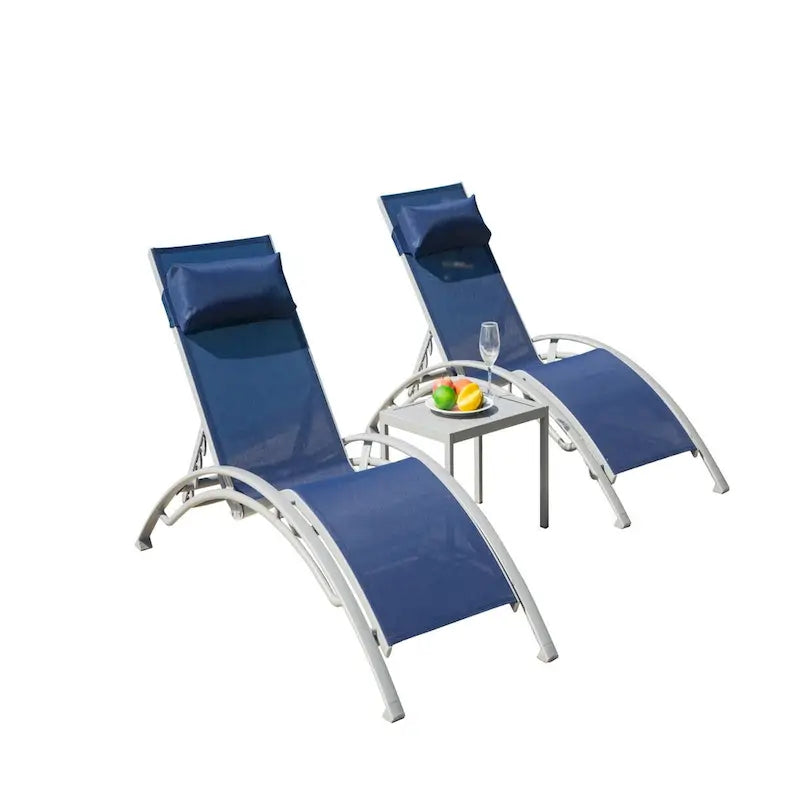 5 Adjustable Aluminum Textile Outdoor Patio Recliner Chairs in Gray, 2 Lounge Chairs and 1 Table - N/A