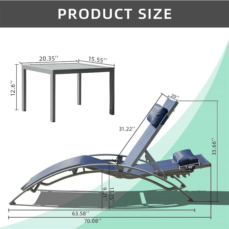 5 Adjustable Aluminum Textile Outdoor Patio Recliner Chairs in Gray, 2 Lounge Chairs and 1 Table - N/A