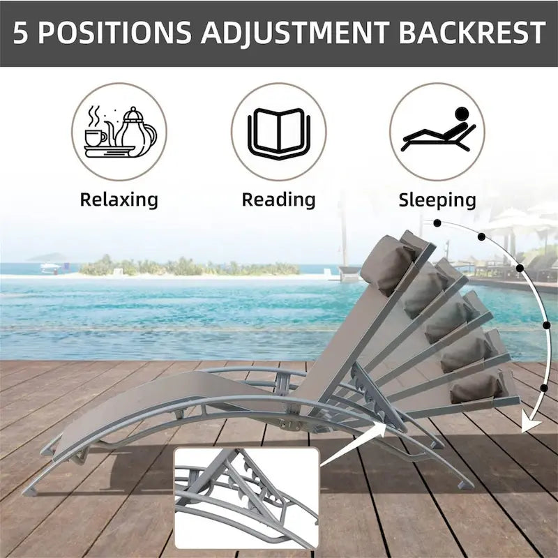 5 Adjustable Aluminum Textile Outdoor Patio Recliner Chairs in Gray, 2 Lounge Chairs and 1 Table - N/A