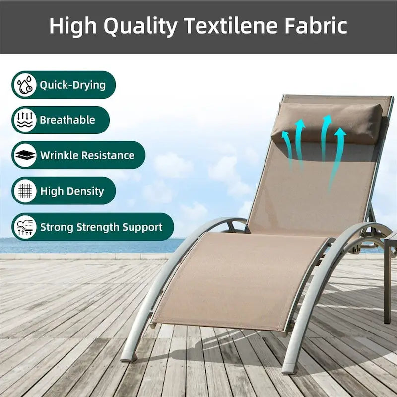 5 Adjustable Aluminum Textile Outdoor Patio Recliner Chairs in Gray, 2 Lounge Chairs and 1 Table - N/A