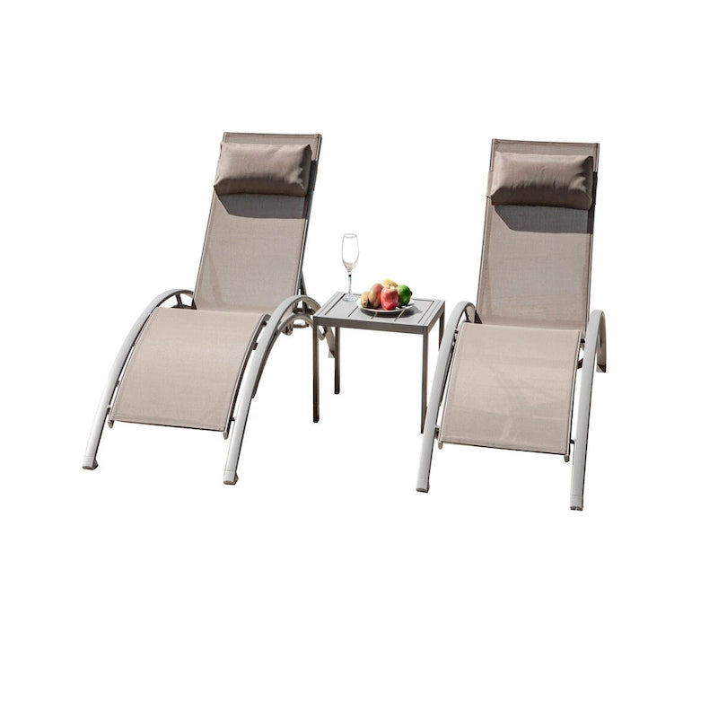 5 Adjustable Aluminum Textile Outdoor Patio Recliner Chairs in Gray, 2 Lounge Chairs and 1 Table - N/A