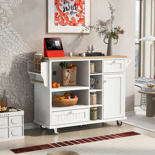 50.80 W Versatile Solid Wood Countertop Kitchen Island with Storage and Two Locking Wheels
