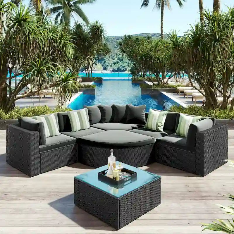7-piece Outdoor Wicker Sofa Set, Rattan Conversation Sofa Sofa Lounger