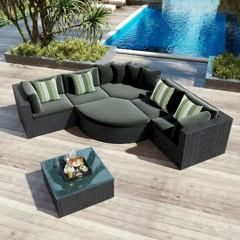 7-piece Outdoor Wicker Sofa Set, Rattan Conversation Sofa Sofa Lounger