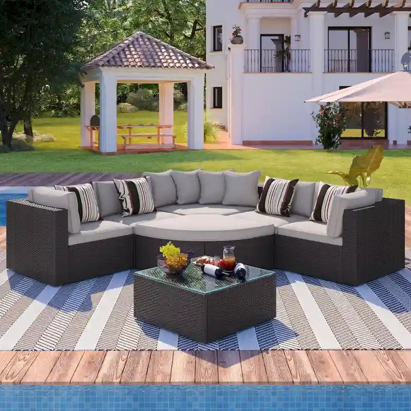 7-piece Outdoor Wicker Sofa Set, Rattan Conversation Sofa Sofa Lounger