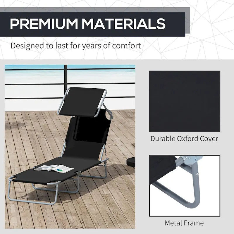 Outdoor Portable Lounge Chair, Adjustable Folding Chaise Lounge with Sun Shade