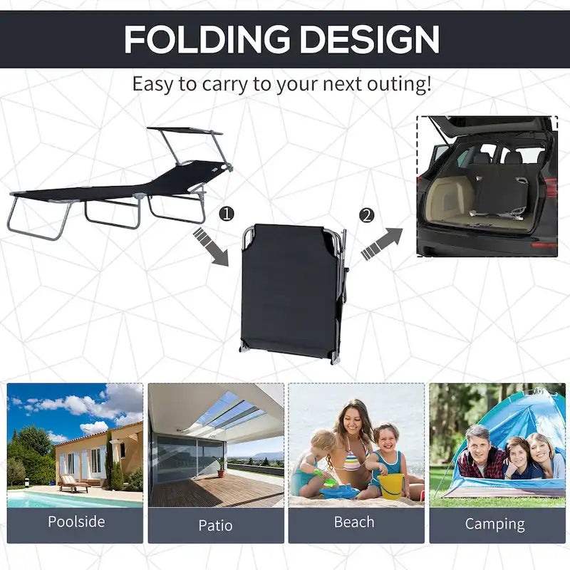 Outdoor Portable Lounge Chair, Adjustable Folding Chaise Lounge with Sun Shade