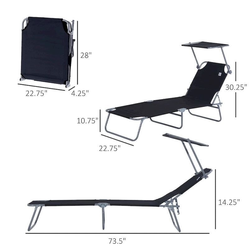 Outdoor Portable Lounge Chair, Adjustable Folding Chaise Lounge with Sun Shade