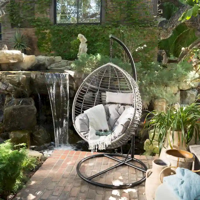 Outdoor Garden Rattan Egg Swing Chair Hanging Chair with Fabric Cushion,NO STAND BASKET ONLY