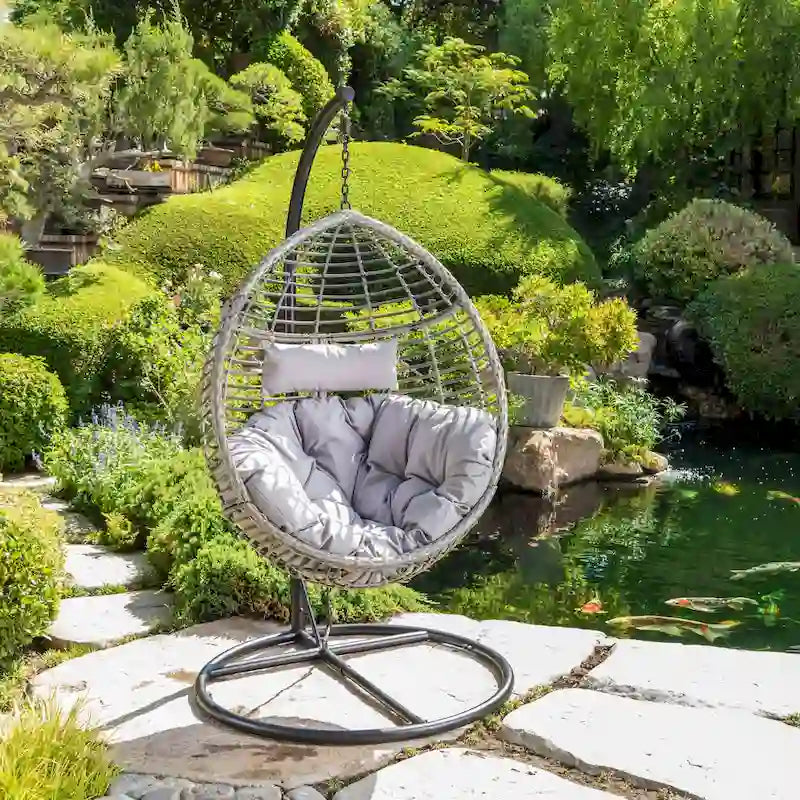 Outdoor Garden Rattan Egg Swing Chair Hanging Chair with Fabric Cushion,NO STAND BASKET ONLY