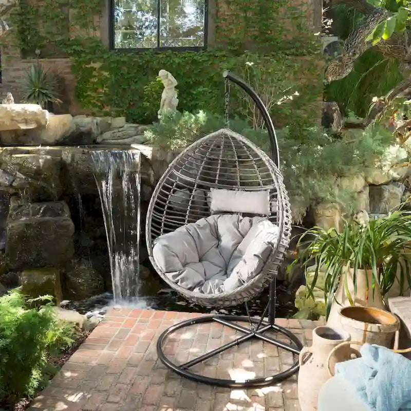 Outdoor Garden Rattan Egg Swing Chair Hanging Chair with Fabric Cushion,NO STAND BASKET ONLY