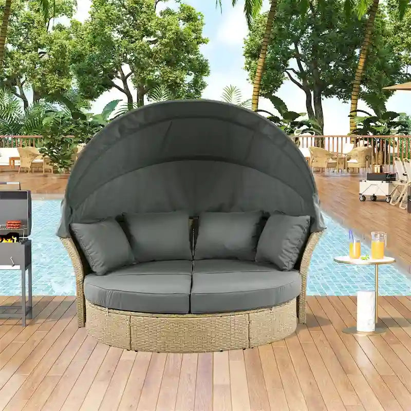 Patio Rattan Double Daybed with Retractable Canopy and 4 Pillows