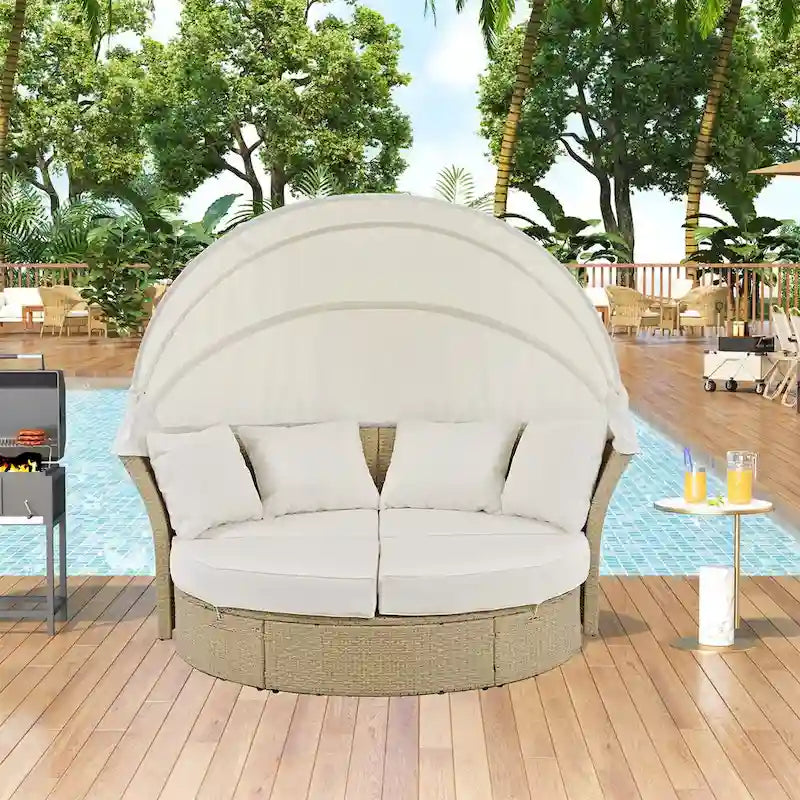 Patio Rattan Double Daybed with Retractable Canopy and 4 Pillows