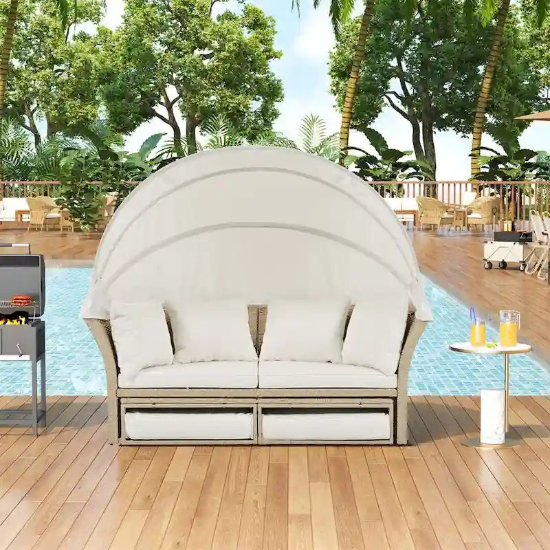 Patio Rattan Double Daybed with Retractable Canopy and 4 Pillows