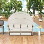 Patio Rattan Double Daybed with Retractable Canopy and 4 Pillows
