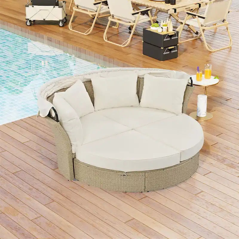 Patio Rattan Double Daybed with Retractable Canopy and 4 Pillows