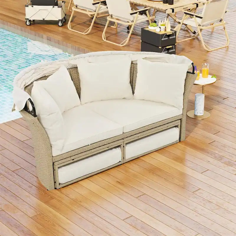 Patio Rattan Double Daybed with Retractable Canopy and 4 Pillows