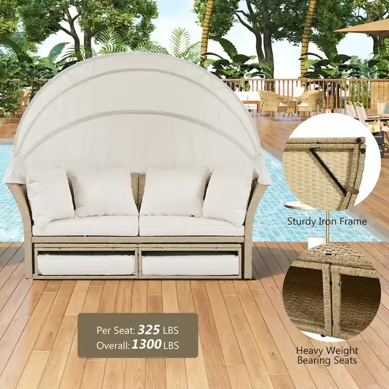 Patio Rattan Double Daybed with Retractable Canopy and 4 Pillows