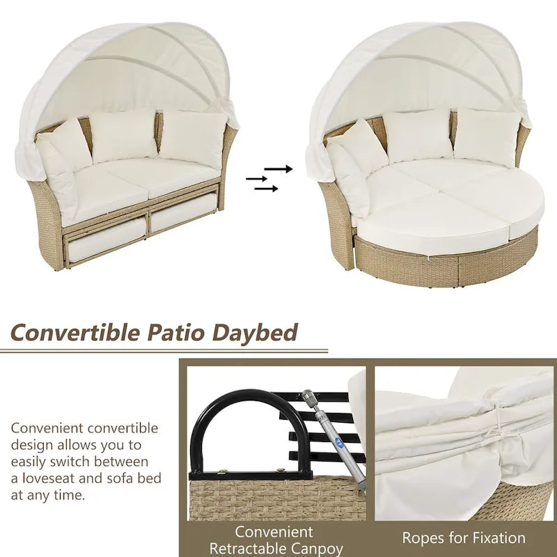 Patio Rattan Double Daybed with Retractable Canopy and 4 Pillows