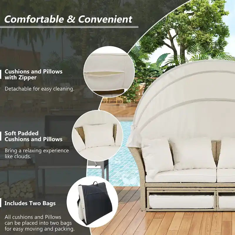 Patio Rattan Double Daybed with Retractable Canopy and 4 Pillows