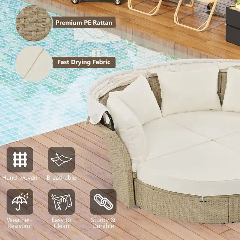 Patio Rattan Double Daybed with Retractable Canopy and 4 Pillows